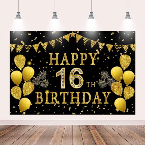 9x6ft Happy 16th Birthday Party Photography Backdrop, Glitter Black and Gold Balloons Background for Girl Boy 16th Bday Shining Diamond Sixteen Years Old Birthday Party Supplies - color: 16th, size: 9x6ft