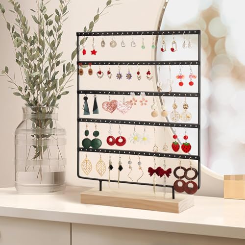 Jewelry Organizer, 5 Tiers Earring Organizer with 120 Holes for Storing and Displaying Earrings of Various Styles, Models and Sizes, Removable Wooden Base for Home and Store Use - color: Black