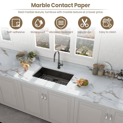 practicalWs Glossy Marble Wallpaper Peel and Stick White/Gold Granite Contact Paper Removable Wall Paper for Kitchen Countertop Cabinet Furniture 11.8" x 78.7" - color: Gold/White, size: 11.8" x 78.7"