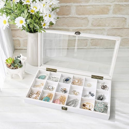 MOOCA Wooden Display Storage Case with Tempered Glass Lid for Jewelry and Beads with 18 Compartments Tray, 15 W x 8 3/8 L x 2 1/8 H in, Wash White Color - color: Wash White