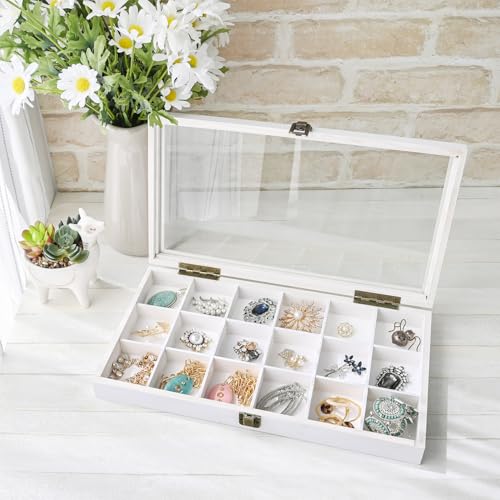 MOOCA Wooden Display Storage Case with Tempered Glass Lid for Jewelry and Beads with 18 Compartments Tray, 15 W x 8 3/8 L x 2 1/8 H in, Wash White Color - color: Wash White