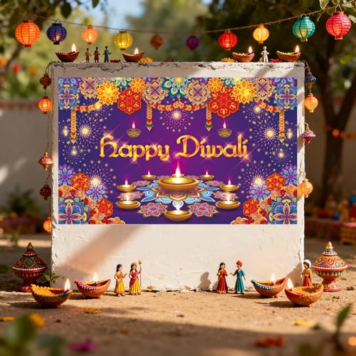 KYMY Happy Diwali Backdrop Decorations, India Festival Diwali Banner 70.9X43.3inch, Polyester Durable Festival of Lights Rangoli Photography Background for Indian Holiday Party Supplies Decor - color: Dk.Purple