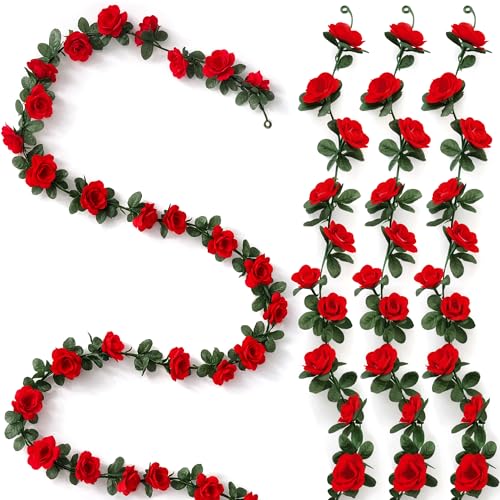 4Pack Red Roses Flower Garland, 31.6 FT Kentucky Artificial Flowers Plants for Aesthetic Room Decor, Derby Fake Roses Vine Garlands for Derby Decorations Garden Flower Wall Backdrop Wedding Arch Decor - color: Rose, size: 4 Pcs