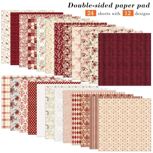24 Sheets Red Aesthetic Scrapbooking Paper Pad - 6In x 6In Double Sided Flowers Patterns for Photos Album Journals Supplies Decorative Collage Origami DIY Crafts Gifts Wrapping - color: Vintage Red