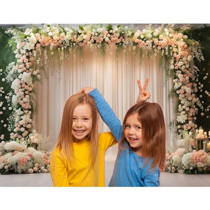 7x5ft Wedding Ceremony Backdrop, Luxury Elegant Style Wedding Backdrops, Party Arch Design, Decorated with Pink White Flowers Banner Props - size: 7x5ft