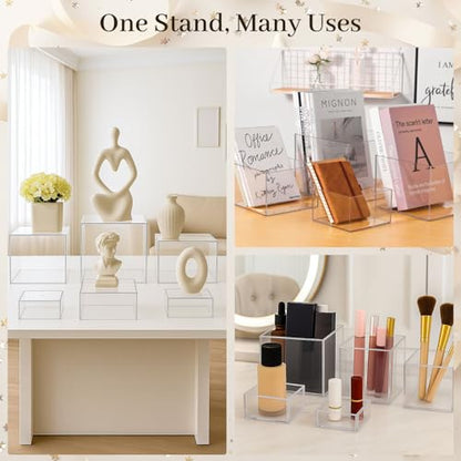 DomeStar 6PCS Clear Buffet Risers with Mini Sign, Food Risers Dessert Table Display Set for Buffet Table Party Catering Cupcake Cake Jewelry, Nesting Boxes for Food Display 8" 7" 6" 5" 4" 3" - color: Transparent