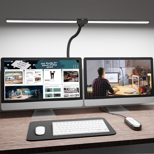 ShineTech LED Desk Lamp for Home Office, 5000K Bright Double Head Architect Task Lamps with Clamp, Dimmable Adjustable Flexible, Black - color: 5000K- Daylight White