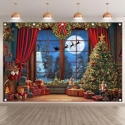 Fabric 12x8ft Christmas Window Photography Backdrop Winter Merry Xmas Tree Background Night Snow Party Decoration Holiday Photo Banner Props - size: 12'x8'