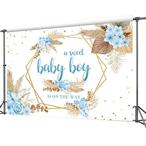 Boho Baby Shower Boy Backdrop 7Wx5H Feet Polyester Fabric Floral Blue Pampas Grass Flowers Newborn Party Decoration Gold Dots Botany Plants Celebrate Photography Background Photo Shoot Props - color: 01Baby Shower(Blue), size: 7Wx5H