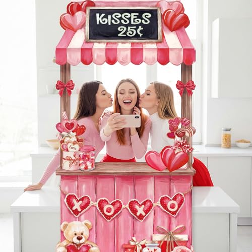 WovWeave Valentine's Day Kissing Booth Backdrop 71x35 Inch - Romantic Red Pink Heart Photography Background for Couples, Large Fabric Love Banner for Party Decorations, Indoor Outdoor Selfie Props - style: Valentine