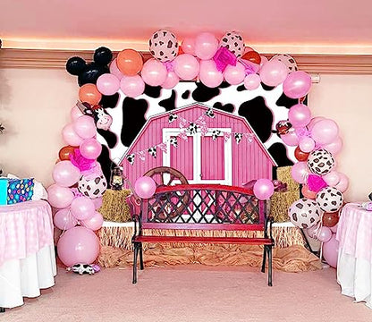 8x6ft Pink Barn Door Western Cowgirl Backdrop Cow Print Straw Barn Door Wood Background Western Country Farm Cow Girl Women Birthday Party Photo Booth Prop - size: 240x180cm(WxL)