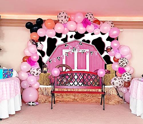 8x6ft Pink Barn Door Western Cowgirl Backdrop Cow Print Straw Barn Door Wood Background Western Country Farm Cow Girl Women Birthday Party Photo Booth Prop - size: 240x180cm(WxL)