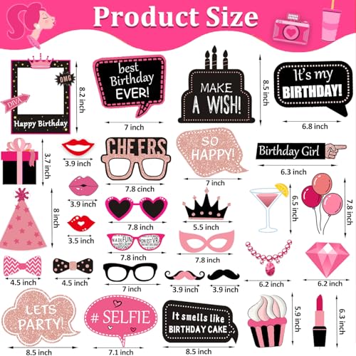 31pcs Hot Pink Girls Birthday Photo Booth Props Party Favors Supplies Bday Party Decoration Set for Bachelorette Party Decoration Girls Birthday Bridal Shower Pink Party Supplies
