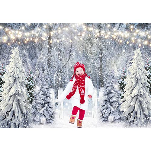 7x5ft Polyester Fabric Winter White Snowy Forest Backdrop for Photography Christmas Glitter Wonderland Nature Xmas Trees Pine Forest Holiday Party Decor Kids Family Photo Studio Prop - size: 7'x5'