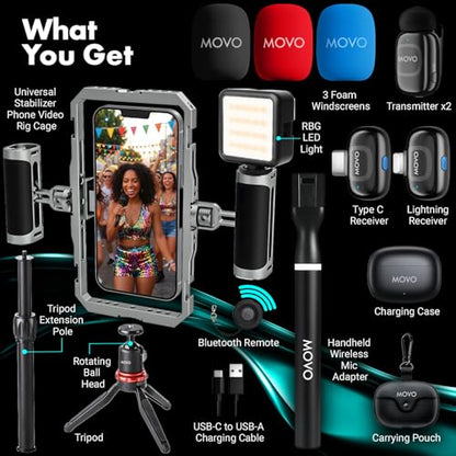 Movo IRL-PRO Wireless Vlogging & Streaming Kit for IRL Streamers – Dual Lav Mics, Stabilizer Cage, LED Light & Cold Shoe Mounts – Mobile Live Streaming Rig for Twitch, Kick & YouTube Live