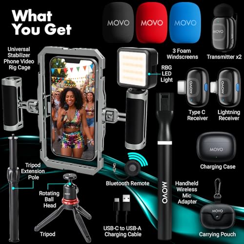 Movo IRL-PRO Wireless Vlogging & Streaming Kit for IRL Streamers – Dual Lav Mics, Stabilizer Cage, LED Light & Cold Shoe Mounts – Mobile Live Streaming Rig for Twitch, Kick & YouTube Live