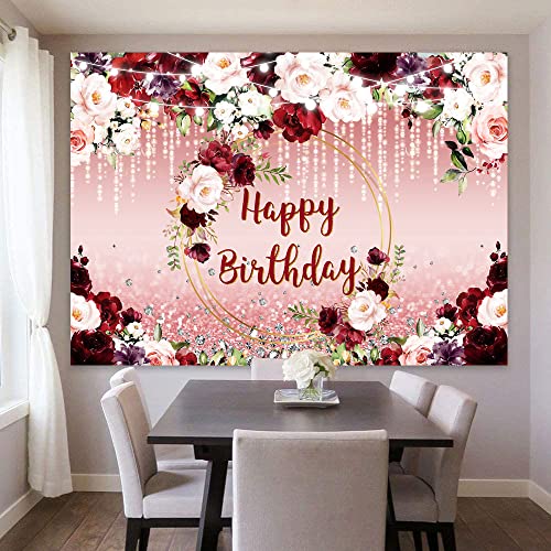 Sensfun Floral Happy Birthday Backdrop Burgundy Flowers Rose Gold Glitter Bokeh Spots Photo Background Vinyl Women Birthday Party Cake Table Decorations Photoshoot Banner (10x6.5ft) - size: 10x6.5ft