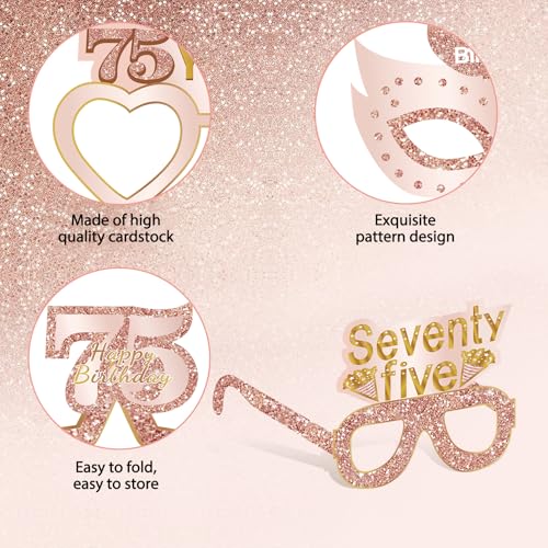 Guiruiy 24PCS 75th Birthday Eyeglasses Decorations for Women, Pink Rose Gold Happy 75th Birthday Paper Eyeglasses Party Supplies, Seventy five Year Old Bday Glasses Decor - style: Rose Gold 75th