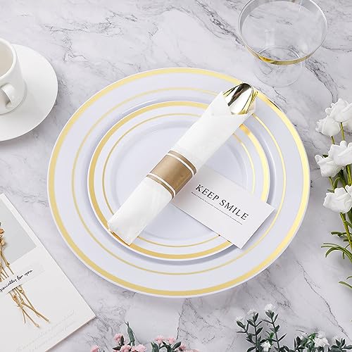BESTVIP 100 Pack Pre Rolled Gold Plastic Silverware Set, Disposable Wrapped Cutlery Set with 100 Napkins, 100 Knives, 100 Forks and 100 Spoons for Party, Birthday - color: Gold