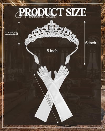 Princess Tiara Crown with Satin Gloves Set Crystal Headpiece for Graduation Prom and Party Photo Props - color: Silver, style: A