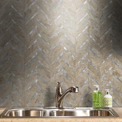DICOFUN 10-Sheet Sandstone Look Herringbone Peel and Stick Backsplash for Kitchen, PVC Mixed Metal Gold Chevron Stick on Backsplash Wall Tiles - color: Sandstone and Metal Silver, size: 10 Sheets, 12"x12"x0.12"