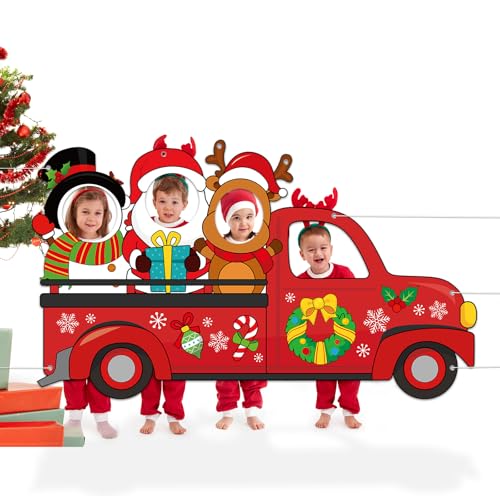 Large 75 Inch Christmas Red Truck Photo Prop Selfie Frame Christmas Party Decorations Large Fabric Red Truck Backdrop Reindeer Santa Claus Snowman Photo Booth Frame for Winter Xmas Holiday Party Decor