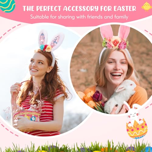 Hoteam 3 Pcs Easter Bunny Ears Headband Rabbit Ear Hair Band for Women Cute Bunny Headwear for Easter Carnival Birthday Party Favor Cosplay Costume Accessories