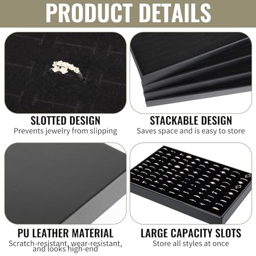 4 Pack Velvet Ring Display Tray 100 Slots Stackable Jewelry Organizer Tray Ring Holder Showcase for Rings Earrings Jewelry Storage for Drawer Dresser Store Display