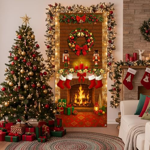 Buryeah Christmas Door Cover Decoration Christmas Fireplace Door Cover Xmas Nutcracker Banner Backdrop Photo Booth Prop Background for Winter Xmas Holiday New Year Party 6.5 x 3 Feet(Warm) - style: Warm