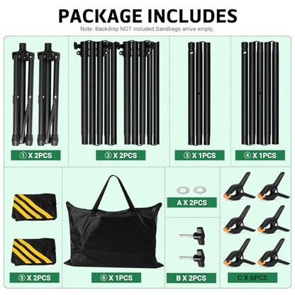 3-in-1 Adjustable Backdrop Stand 10 x 7.5 FT, Portable Photography Background Stand Kit with Carrying Bag, 6 Clamps & 2 Sandbags for Studio, Party, Video, Banner Display - size: 10x7.5 ft