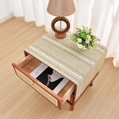NEWISHER Rustic Farmhouse Embroidered Small Rectangle Tablecloth, Jacquard Striped Table Cloth Washable Fabric Dining Table Cover for Nightstand, Bedside Table, End Table (15x35 Inch), Yellow - color: Almond Buff, size: 35" x 15" (Rectangular)
