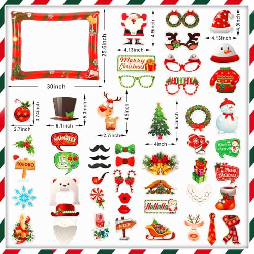 Christmas Photo Booth Props 53 PCS Set - Large Frame 30x25.6 in, Pose Sign Picture Props for Xmas Winter Holiday New Year Party Favors, Selfie Game Decor