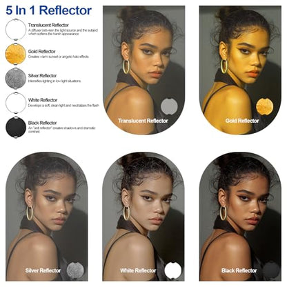 WELLMAKING 32 Inch (80cm) Reflector Photography, Collapsible Light Reflector with Bag & tilt Adapter, 5 in 1 Handle Reflector for Studio & Outdoor Lighting -Translucent, Silver, Gold, White and Black - size: 32 Inch (80cm)