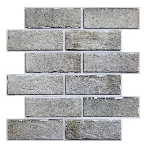 COMSTICKC 3D Faux Brick Wall Panels Peel and Stick Wall Panels, 10 Pcs of 12"X12", Small Size Thin PVC Whitewash Brick Self Adhesive Fake Brick Backsplash for Interior Decor (Gray) - color: Gray