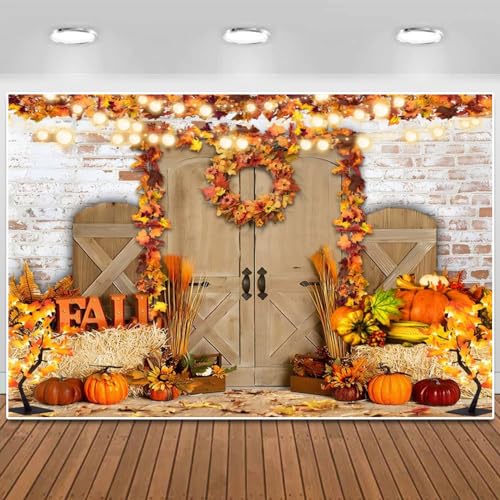 Happy Fall Backdrop Thanksgiving Harvest White Wall Pumpkin Sunflower Rustic Farm Door Autumn Nature Scenery Photography Background for Portrait Photoshoot Photo Studio 8X6FT - color: Fall 006, size: 8x6ft