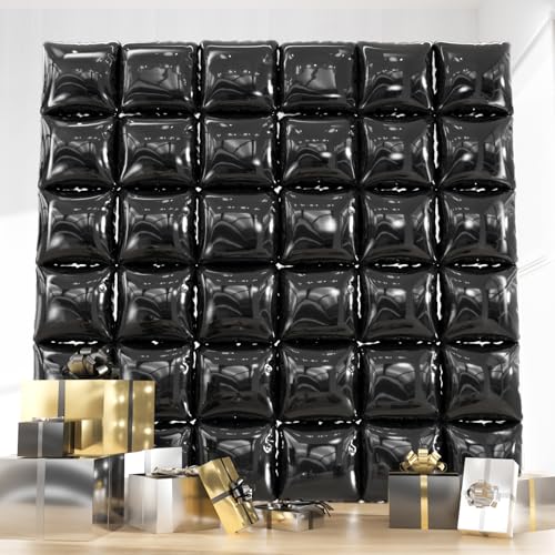 36pcs Black Square Foil Balloons Backdrop Kit - 9.5 x 9.5ft Black Balloon Wall/Tunnel for Birthday Photo Booth, Class of 2026 Graduation, Halloween, NYE Decor (Straws & Ribbon Included) - color: Black