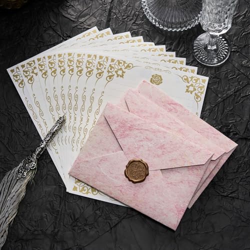 48 Pcs Stationery Set with Envelopes (24 White Kraft Paper Sheets +12 Marble Texture Envelopes+12+Wax Seal Stickers), Premium Stationery Letter Writing Paper Set for Party Invitations (Pink) - color: Pink