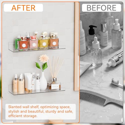 2 Pack Clear Acrylic Shelves for Wall with Adhesive,15 Inch No Drill Floating Shelves for Bathroom,Bedroom,Renter Friendly,Kids Room Bookshelf,Wall Display Shelf for Lego,Funko Pop,Figurine,Perfume - size: 15 Inch - 2 Pack