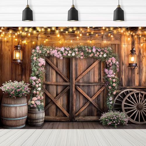 Country Wedding Photography Backdrop, Rustic Barn Door Cabin Wooden Photography Backdrop Farmhouse Pink Flower Wedding Bridal Party Banner Props Photo Photoshoot Wall Decor Booth 7x5ft