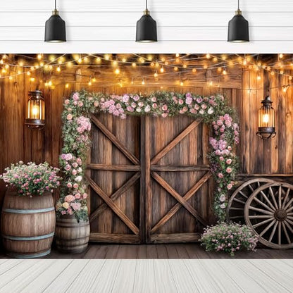 Country Wedding Photography Backdrop, Rustic Barn Door Cabin Wooden Photography Backdrop Farmhouse Pink Flower Wedding Bridal Party Banner Props Photo Photoshoot Wall Decor Booth 7x5ft