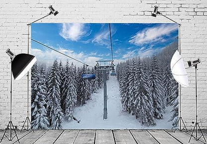 BELECO 15x8ft Fabric Winter Ski Resort Backdrop Snowy Mountain Cableway Station Fir Trees Background Winter Theme Kids Birthday Party Decor Photo Studio Props - size: 15x8FT