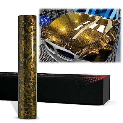 2pcs 4"x8" (10cmx20cm) Sample Golden Yellow PET Marble Forged Carbon Fiber Textured Gloss Vinyl Wrap Auto Car Sticker Decal Film Sheet Bubble Free Air Release Technology - color: Golden Yellow, size: 2pcs 4"x8" (10cmx20cm) Sample