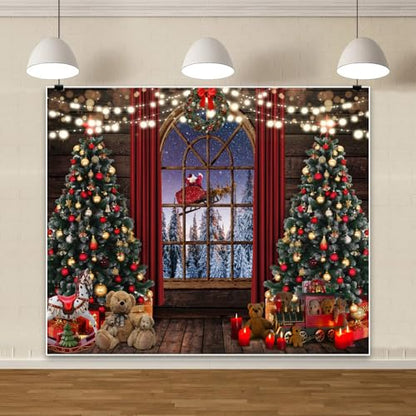Winter Christmas Backdrop Night Xmas Tree Wood Window Santa Claus Reindeer Sleigh Retro Background Holiday Party Banner Photobooth Kid Family Portrait Wall Photoshoot Studio Props 5 * 3ft - color: Red purple, size: 5x3ft
