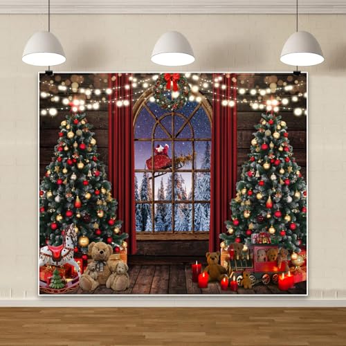 Winter Christmas Backdrop Night Xmas Tree Wood Window Santa Claus Reindeer Sleigh Retro Background Holiday Party Banner Photobooth Kid Family Portrait Wall Photoshoot Studio Props 10 * 8ft - color: Red purple, size: 10x8ft