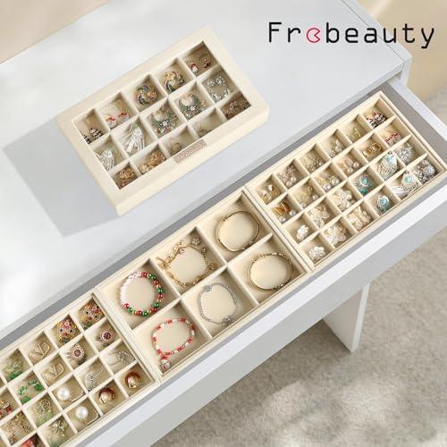 Frebeauty Earring Holder Stackable Jewelry Trays,Velvet Drawer Jewelry Organizer with Glass Lid, 5 in 1 Jewelry Box for Earrings Rings Studs,10.5 x 6.5 x 5.55 Inches Gift for Women (Beige) - color: Beige, size: Set5-b