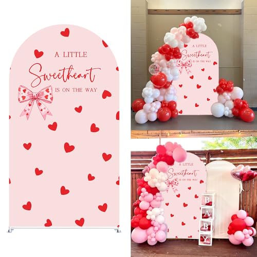 Little Sweetheart is on The Way Arch Backdrop Cover Love Valentine Party Decors Arch Spandex Cover for Baby Shower Pink Girls Birthday (4x7.2ft,pinkbow) - color: pinkbow, size: 4x7.2ft