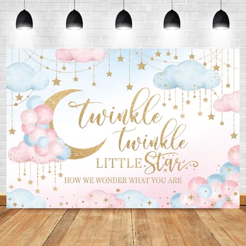 Twinkle Twinkle Little Star Gender Reveal Backdrop 7Wx5H Feet Polyester Fabric Pink Blue Boy or Girl Baby Shower Decoration Watercolor Moon Clouds Photography Background Photo Shoot Props - color: 12Gender Reveal, size: 7Wx5H