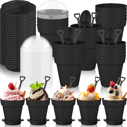 Honeydak 25 Pack Flowerpot Dessert Cup Plastic Cake Cups with Lid Shovel Spoon Mini Flower Pot Dessert Cups Ice Cream Yogurt Cupcake Holder Containers for Birthday Party Supplies DIY Baking (Black) - color: Black