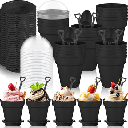 Honeydak 25 Pack Flowerpot Dessert Cup Plastic Cake Cups with Lid Shovel Spoon Mini Flower Pot Dessert Cups Ice Cream Yogurt Cupcake Holder Containers for Birthday Party Supplies DIY Baking (Black) - color: Black
