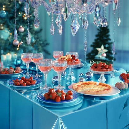 Just Shimmer 2 Pcs Lake Blue Foil Tablecloth 54 * 72inch Plastic Wedding Birthday Winter Party Turquoise Table Cloths Disposable Waterproof Aqua Table Cover for Graduation Anniversary Party Supplies - color: Lake Blue
